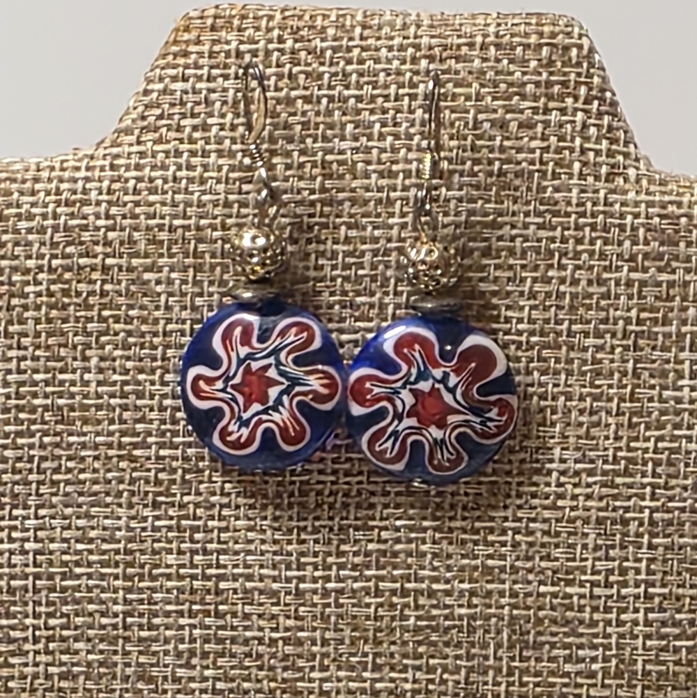 Murano Style Millefiori dangle earrings featuring a red, white, and blue floral